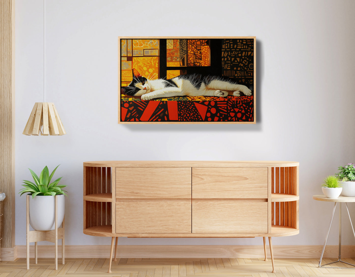 Sleeping White Cat African Pattern African American canvas print view 50