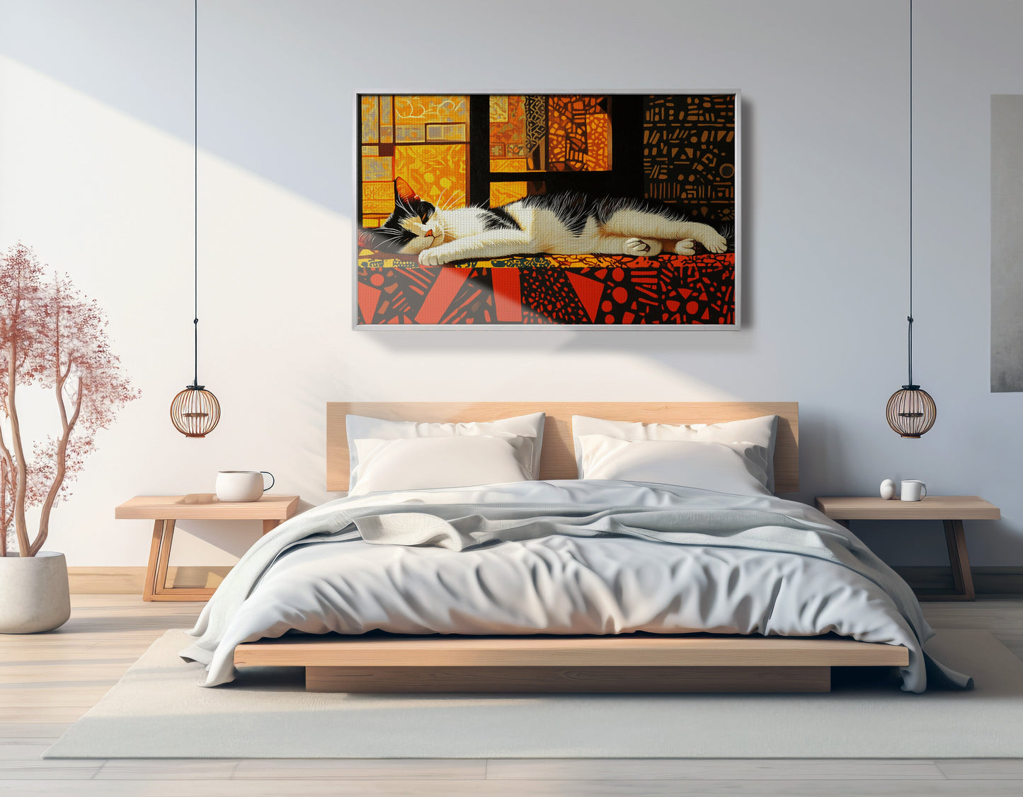 Sleeping White Cat African Pattern African American canvas print view 57