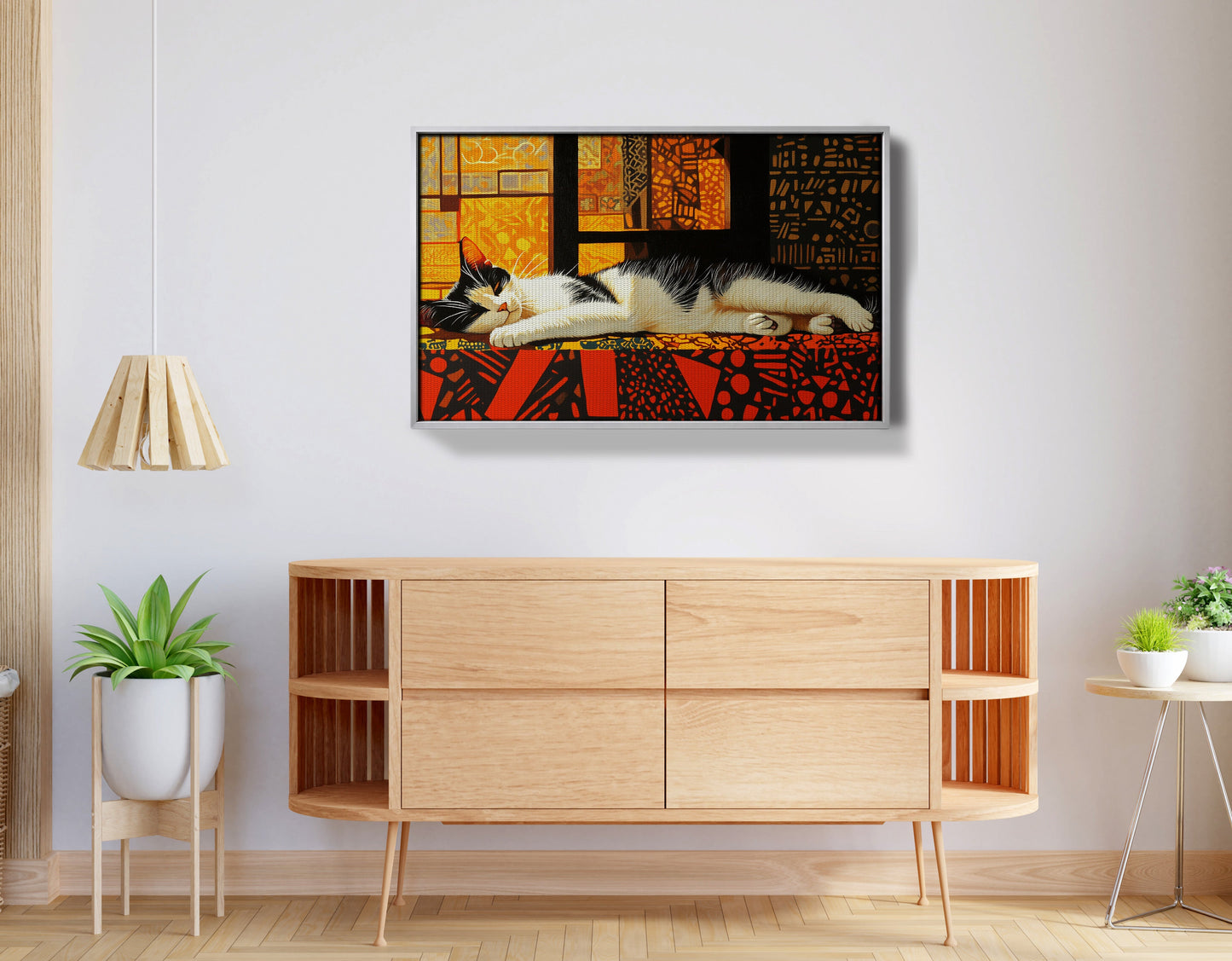 Sleeping White Cat African Pattern African American canvas print view 56