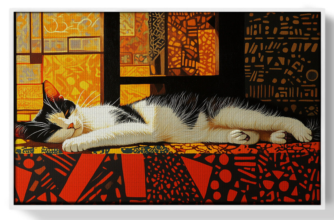 Sleeping White Cat African Pattern African American canvas print view 61