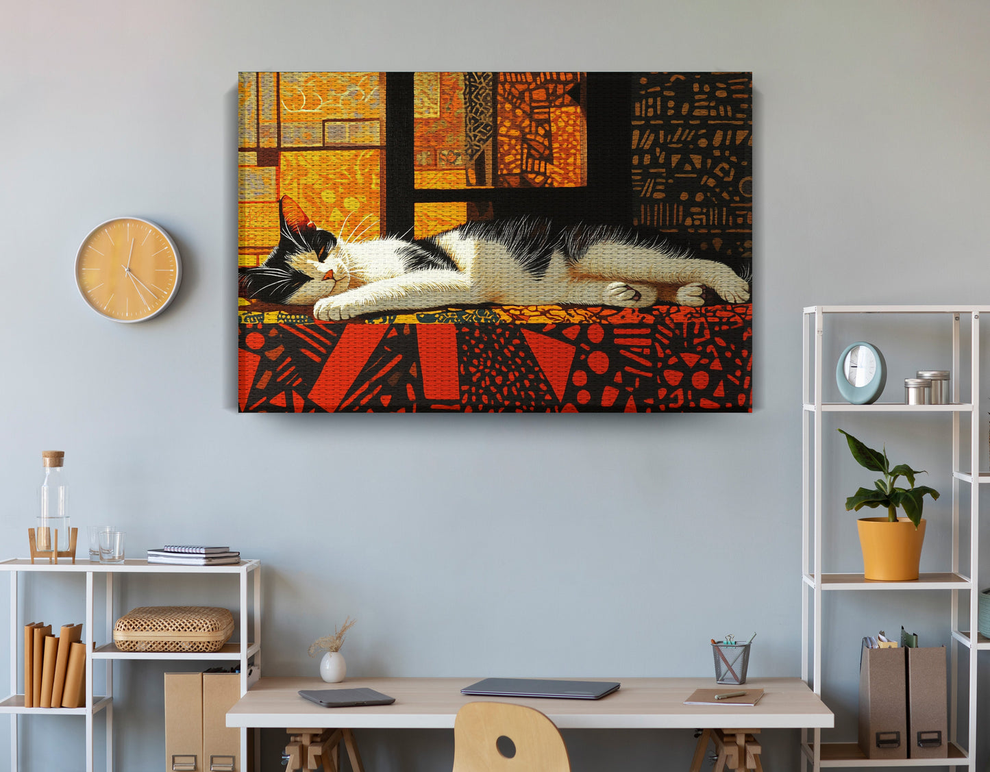 Sleeping White Cat African Pattern African American canvas print view 18