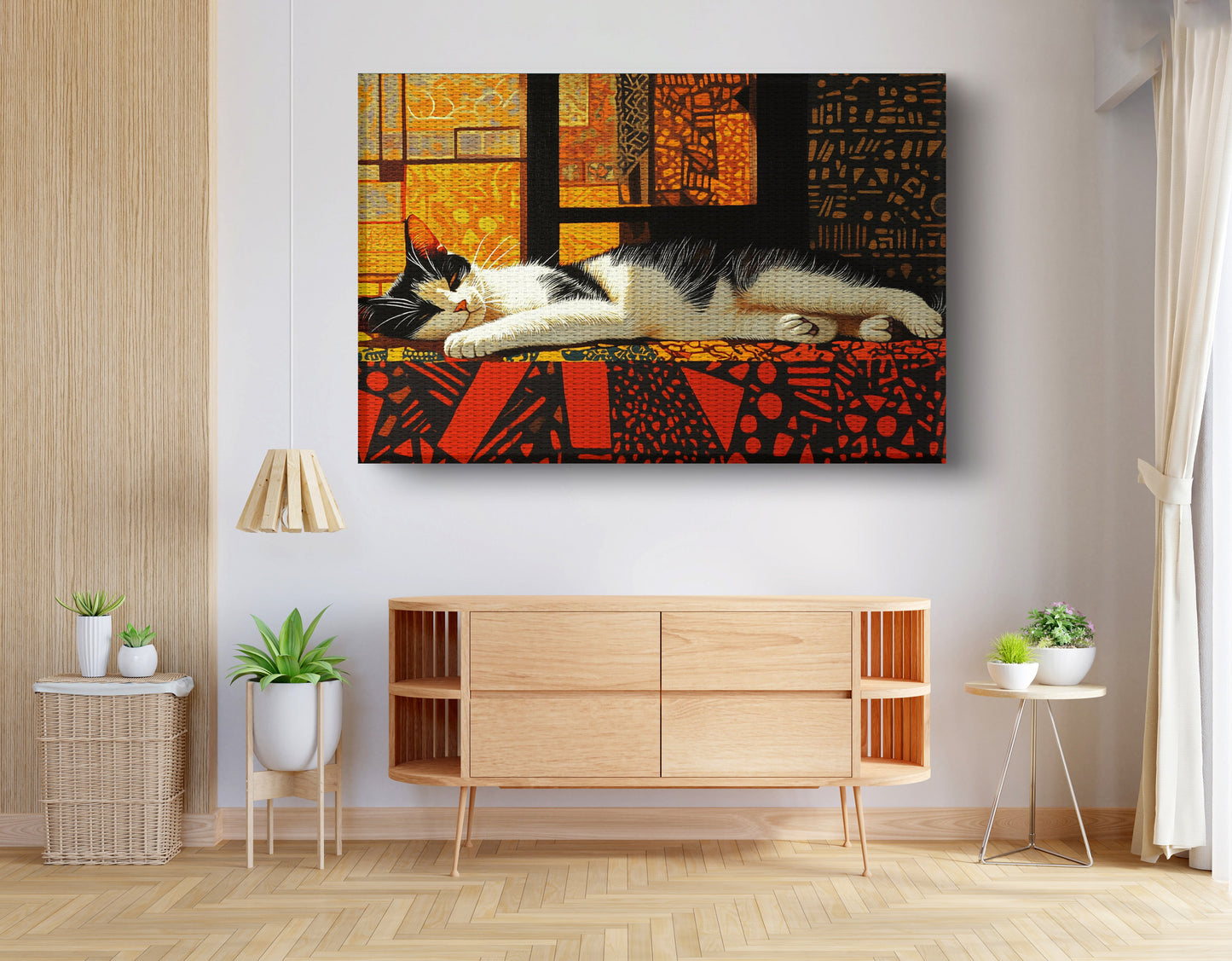 Sleeping White Cat African Pattern African American canvas print view 14