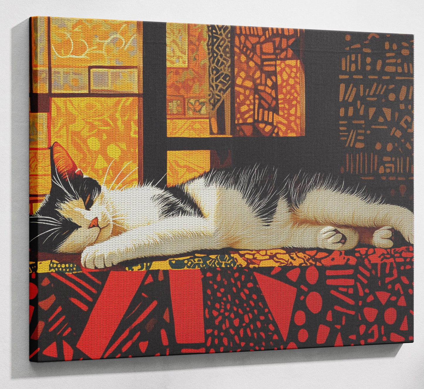 Sleeping White Cat African Pattern African American canvas print view 13