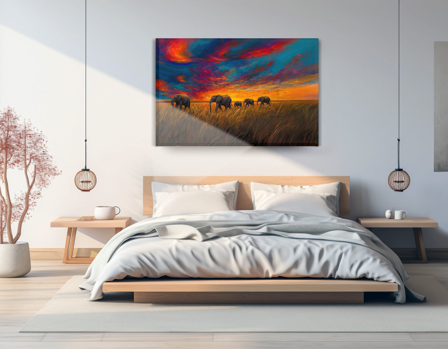 Elephant Herd Sunset Black Black culture wall art displayed as bedroom wall decor
