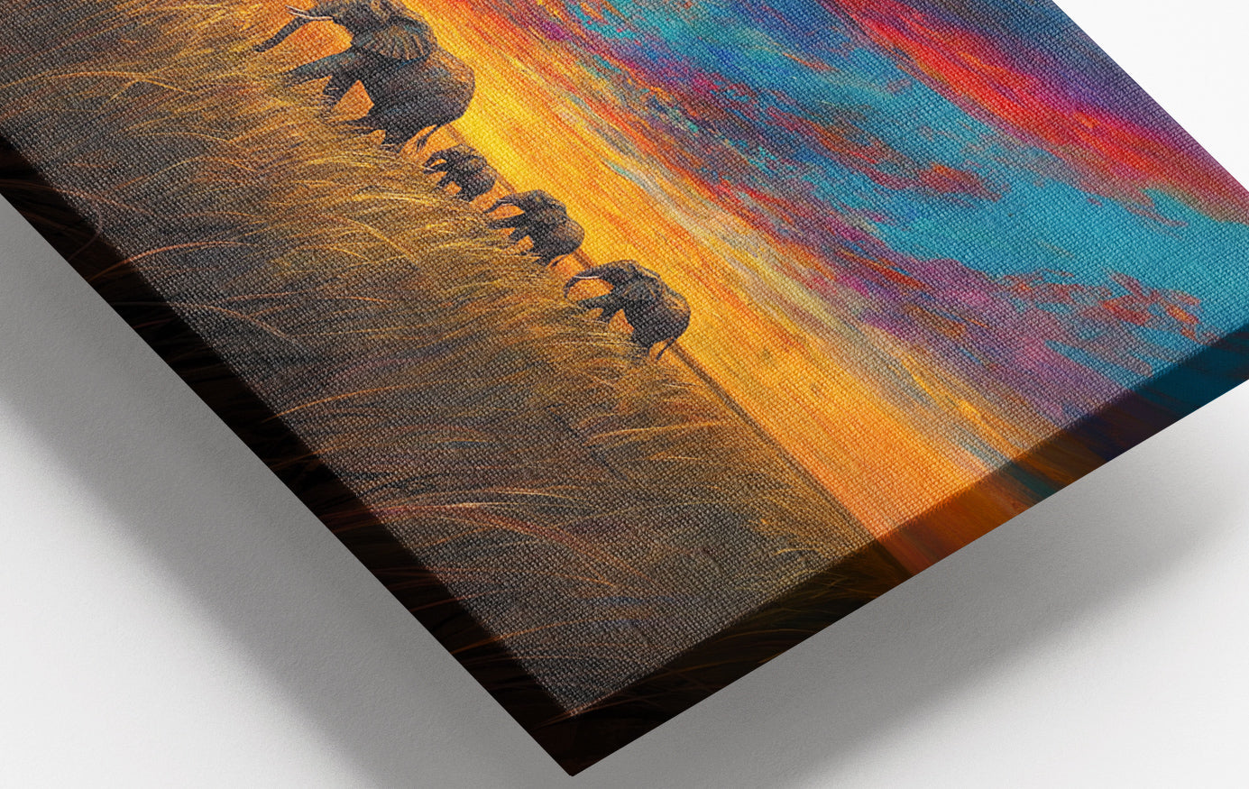 Close-up of Elephant Herd Sunset Black Black culture wall art detail