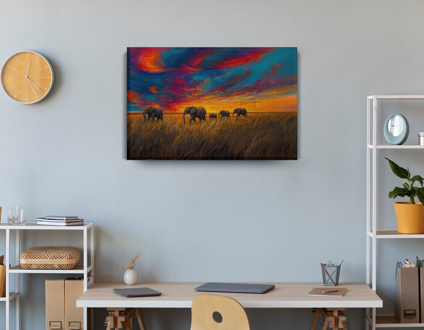 Elephant Herd Sunset Black Black culture wall art displayed as office wall decor