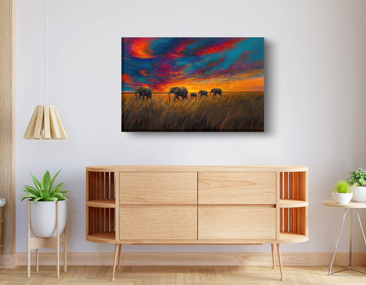 Elephant Herd Sunset Black Wall Art