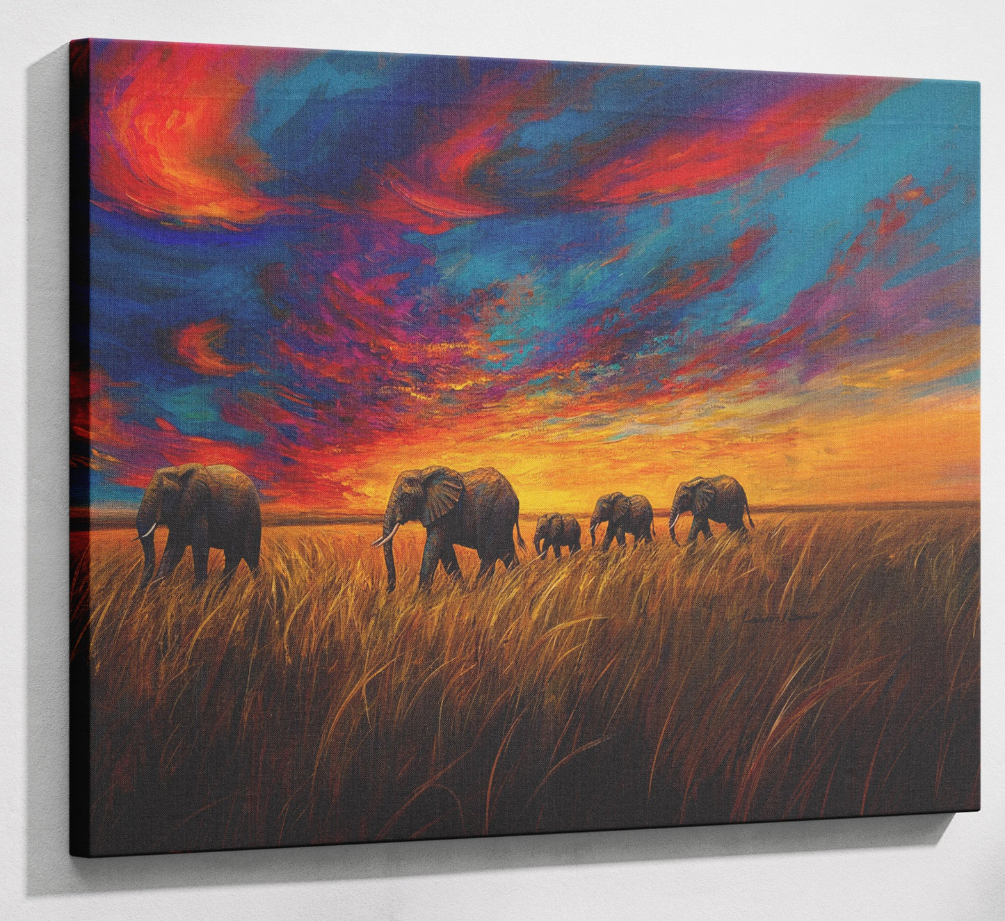 Elephant Herd Sunset Black Black culture wall art canvas print with visible wall art format