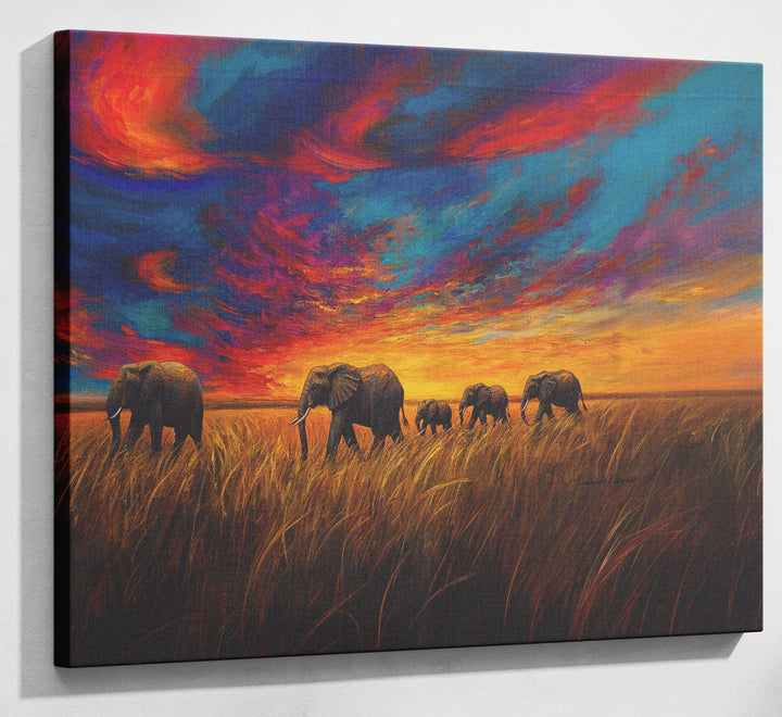 Elephant Herd Sunset Black Black culture wall art canvas print with visible wall art format