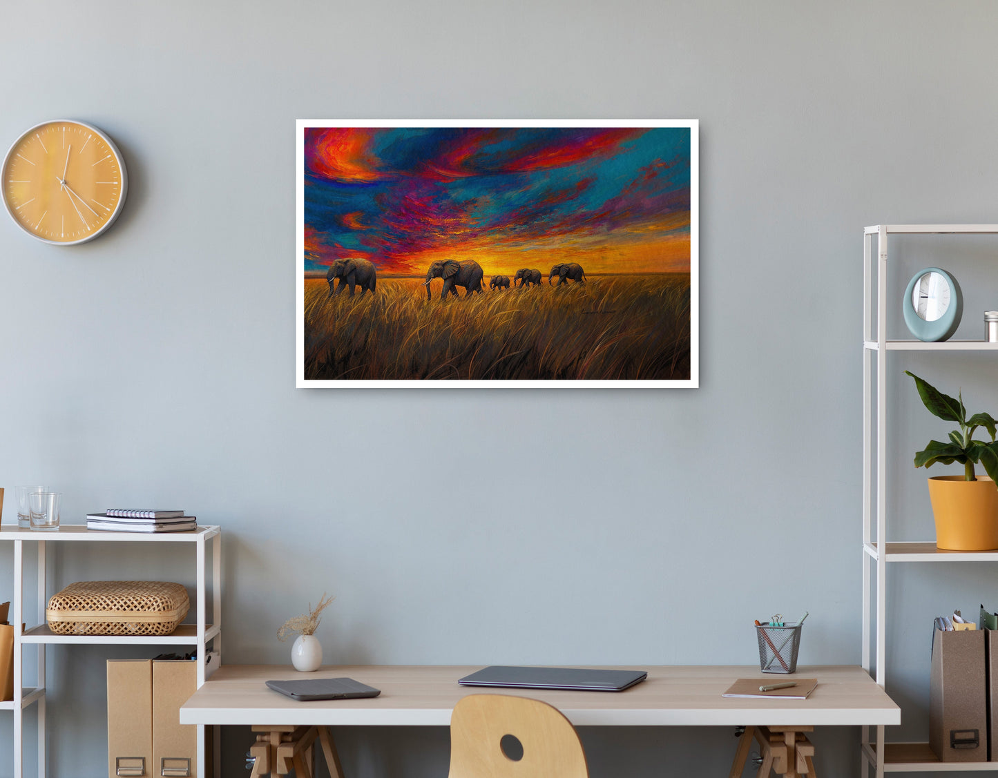 Elephant Herd Sunset Black Black culture wall art print view