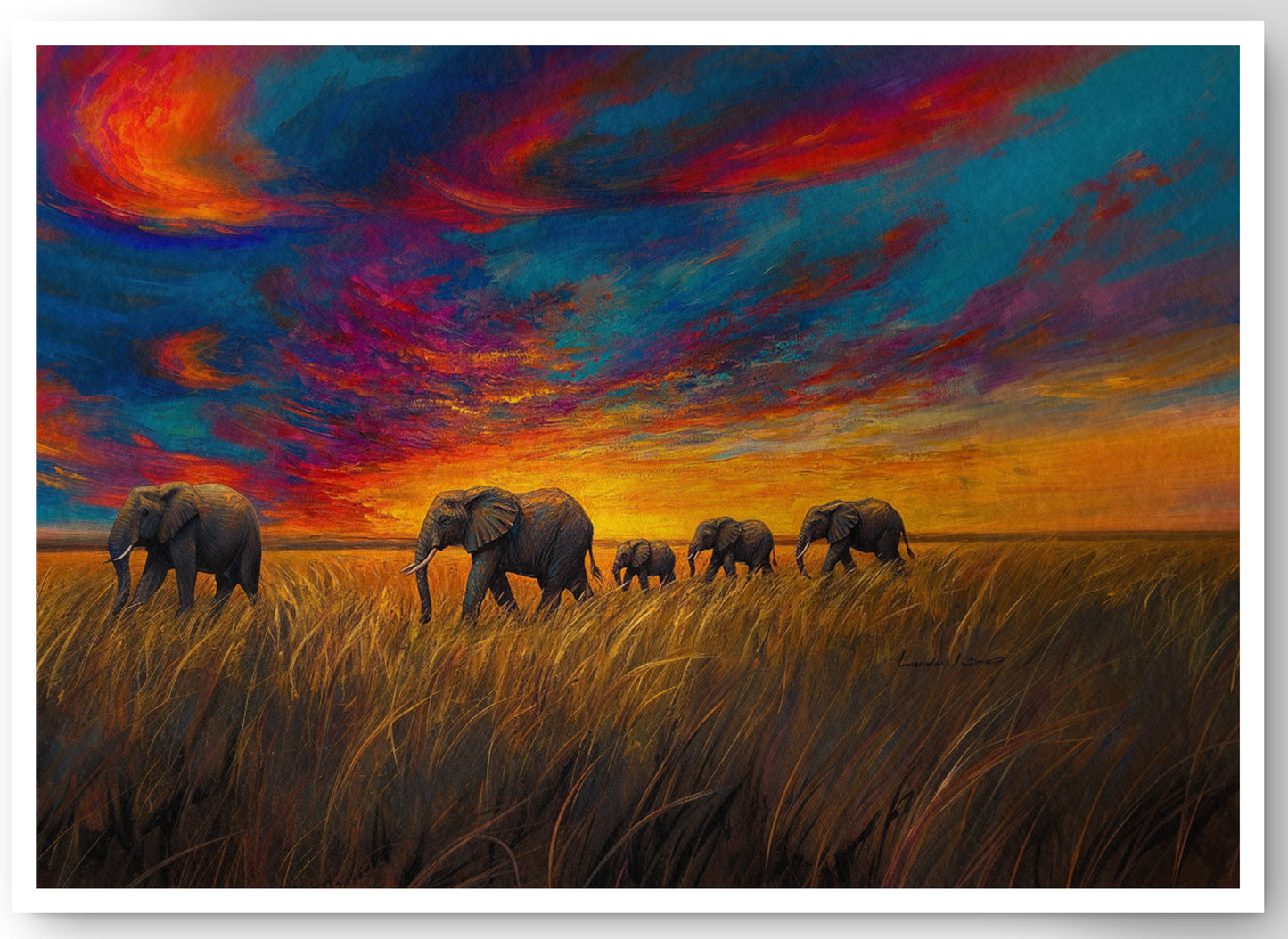Elephant Herd Sunset Black Black culture wall art canvas print by MoomZee Artwork