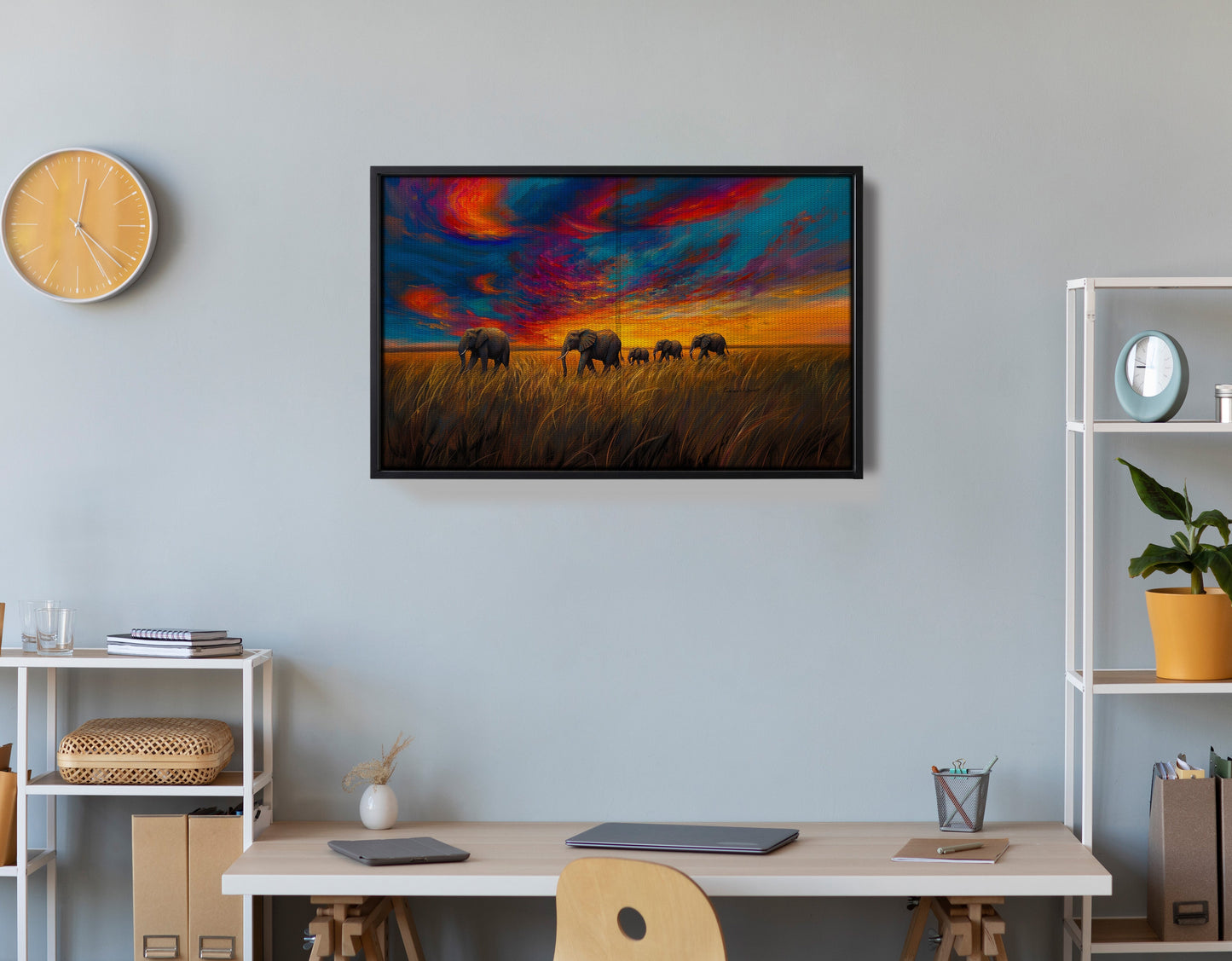Elephant Herd Sunset Black Black culture wall art view 30