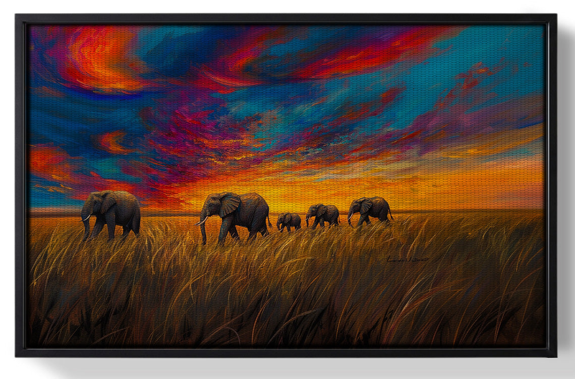 Framed Elephant Herd Sunset Black Black culture wall art for home decor