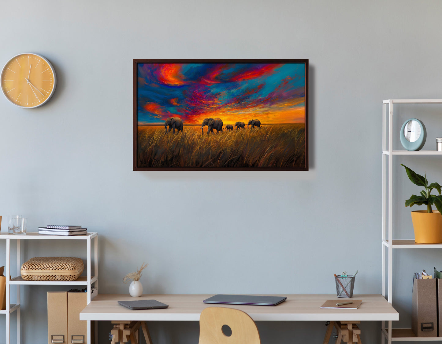 Elephant Herd Sunset Black Black culture wall art view 36