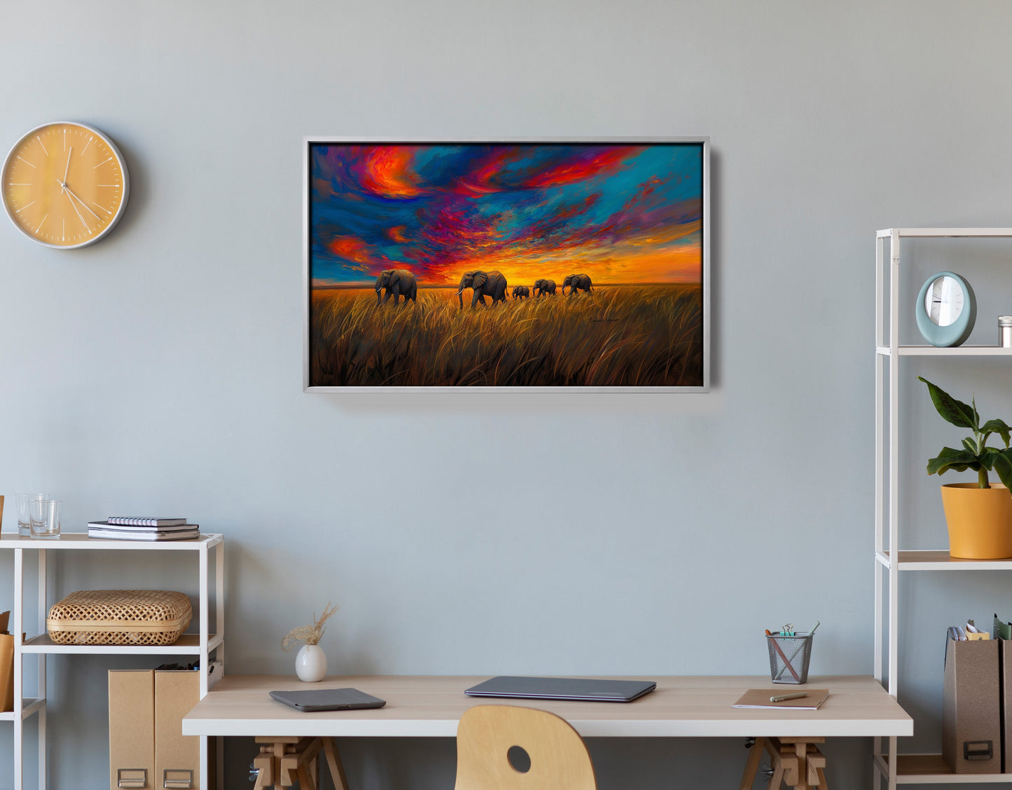 Elephant Herd Sunset Black Black culture wall art view 60