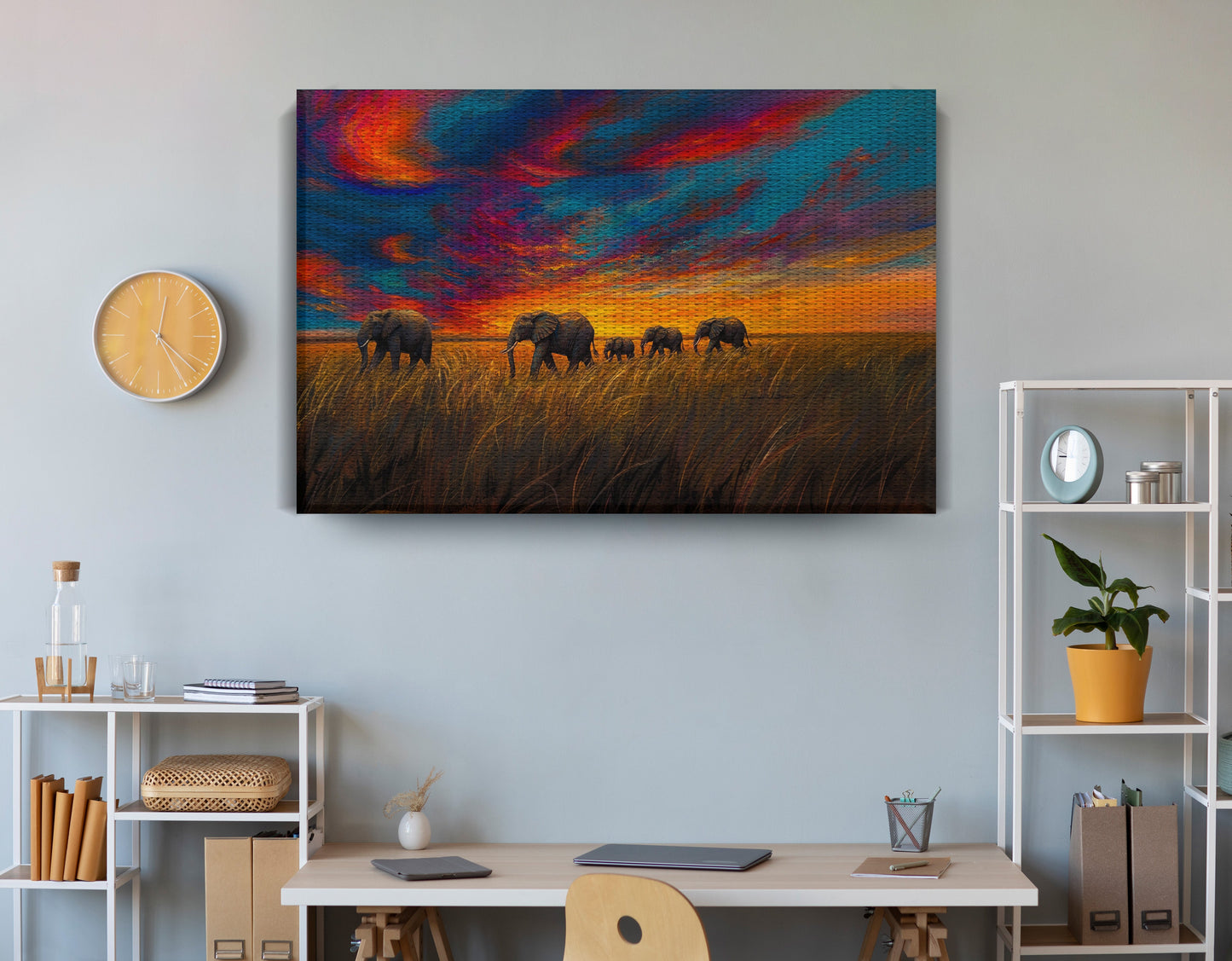 Elephant Herd Sunset Black Black culture wall art view 18