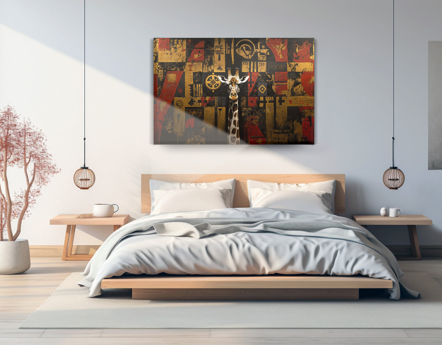 Giraffe Tribal Pattern African American canvas print displayed as bedroom wall decor