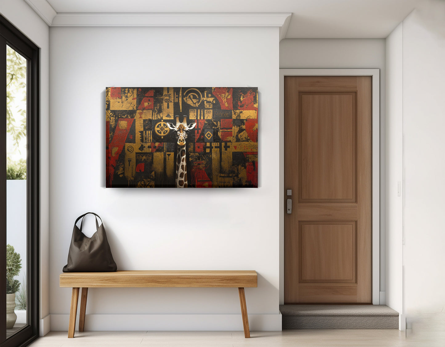 Giraffe Tribal Pattern African American canvas print displayed as entryway wall decor