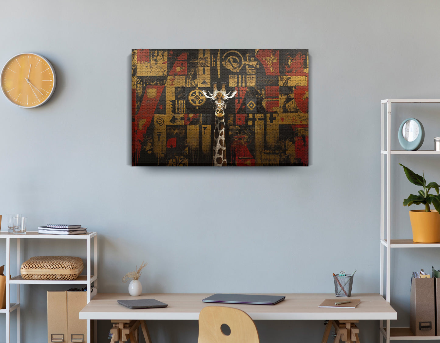 Giraffe Tribal Pattern African American canvas print displayed as office wall decor