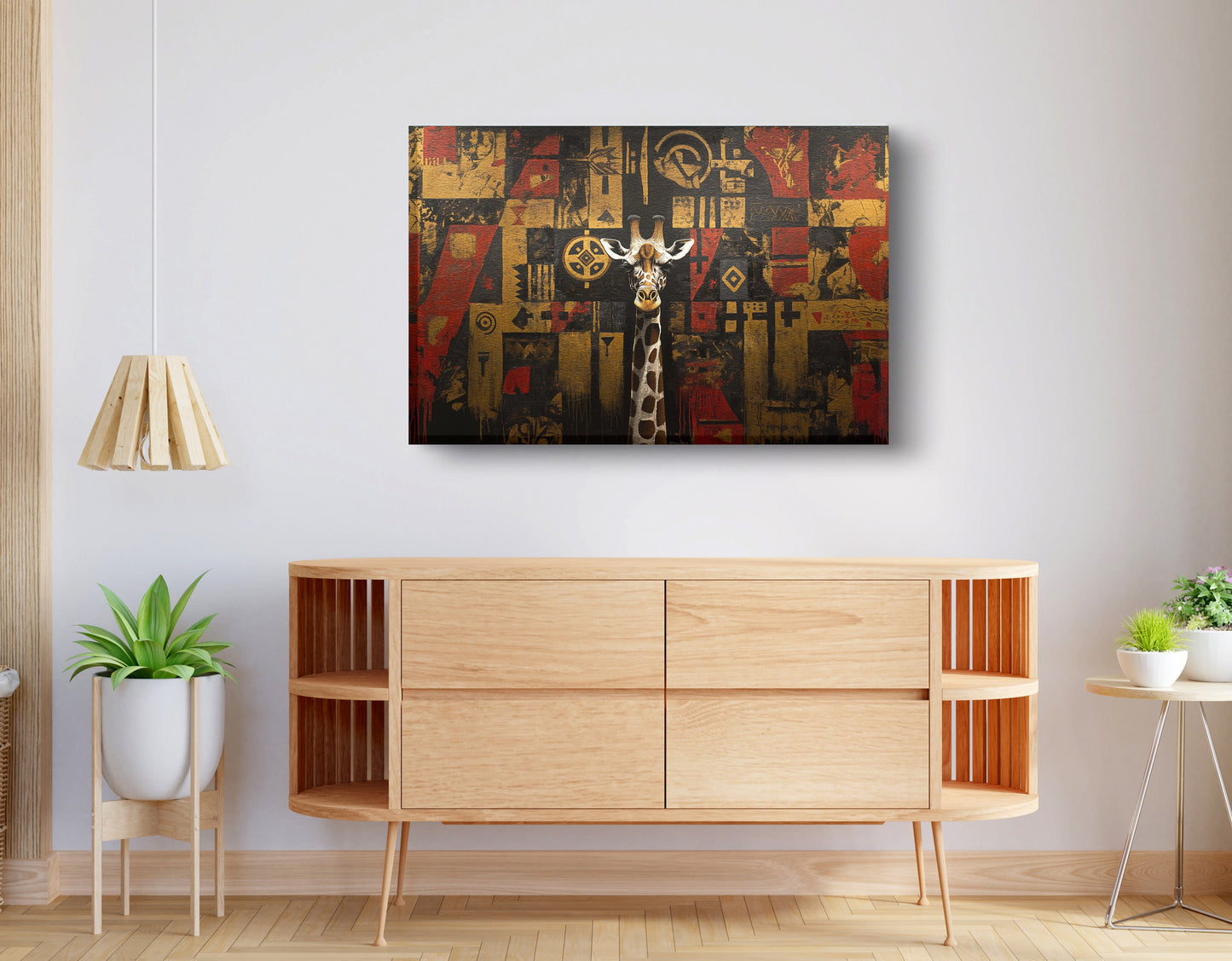 Giraffe Tribal Pattern African American canvas print displayed as living room wall decor