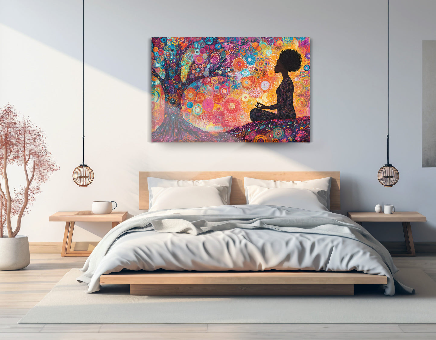 Black Woman Tree Meditation African American wall art displayed as bedroom wall decor