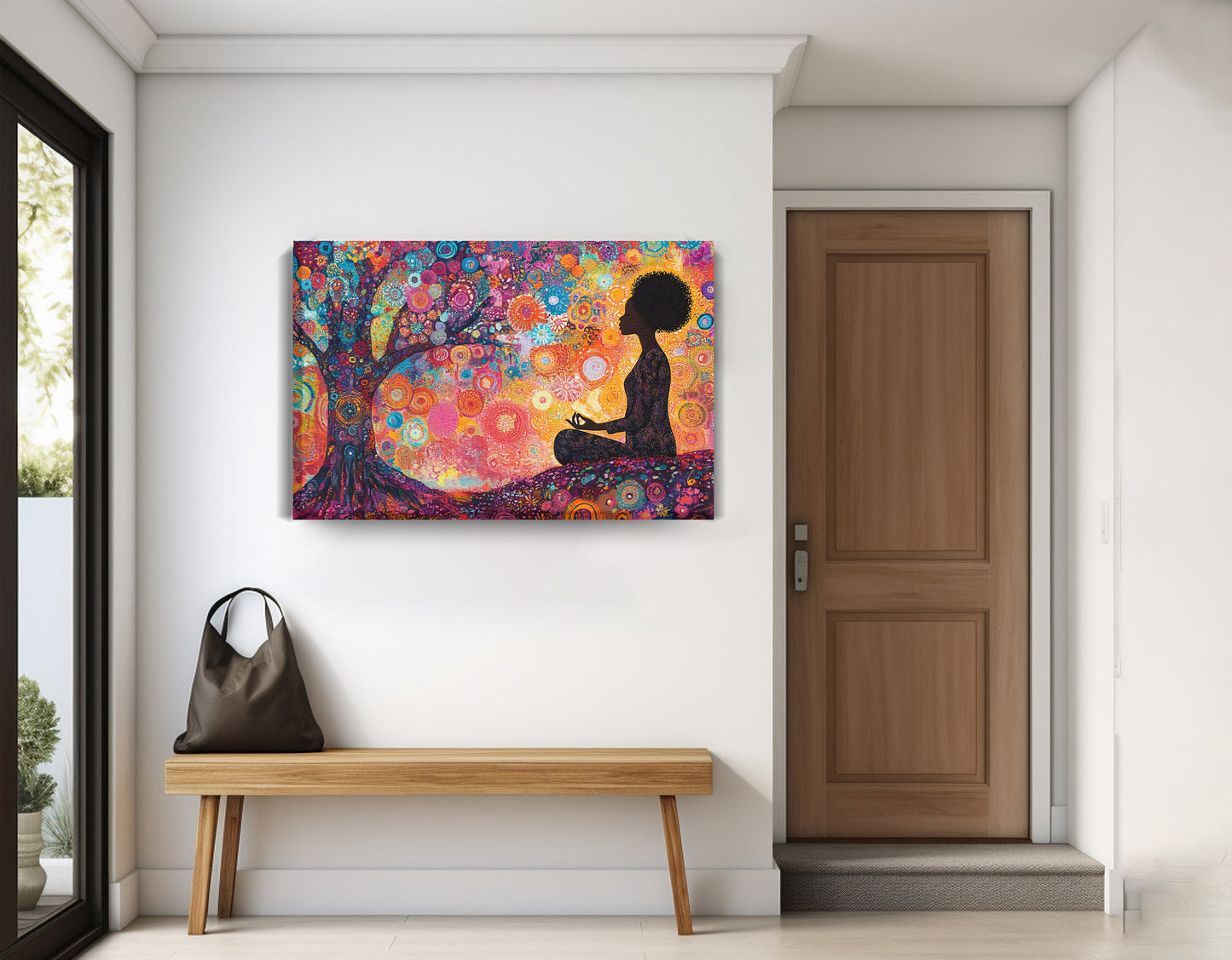 Black Woman Tree Meditation African American wall art displayed as entryway wall decor