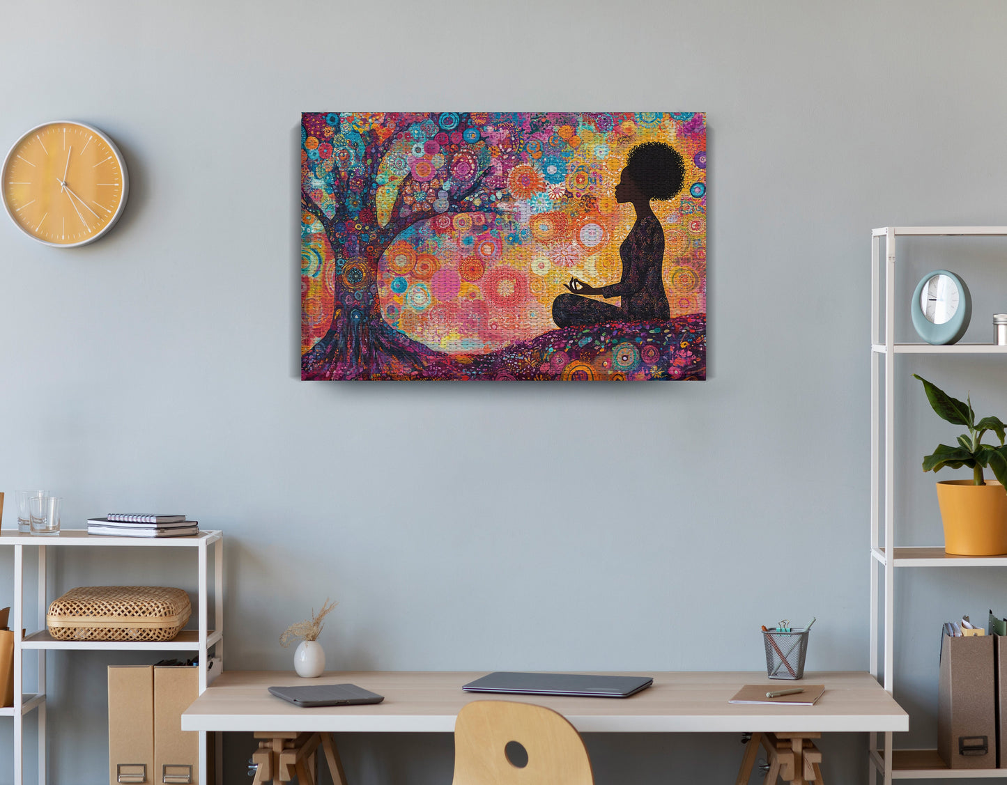 Black Woman Tree Meditation African American wall art displayed as office wall decor