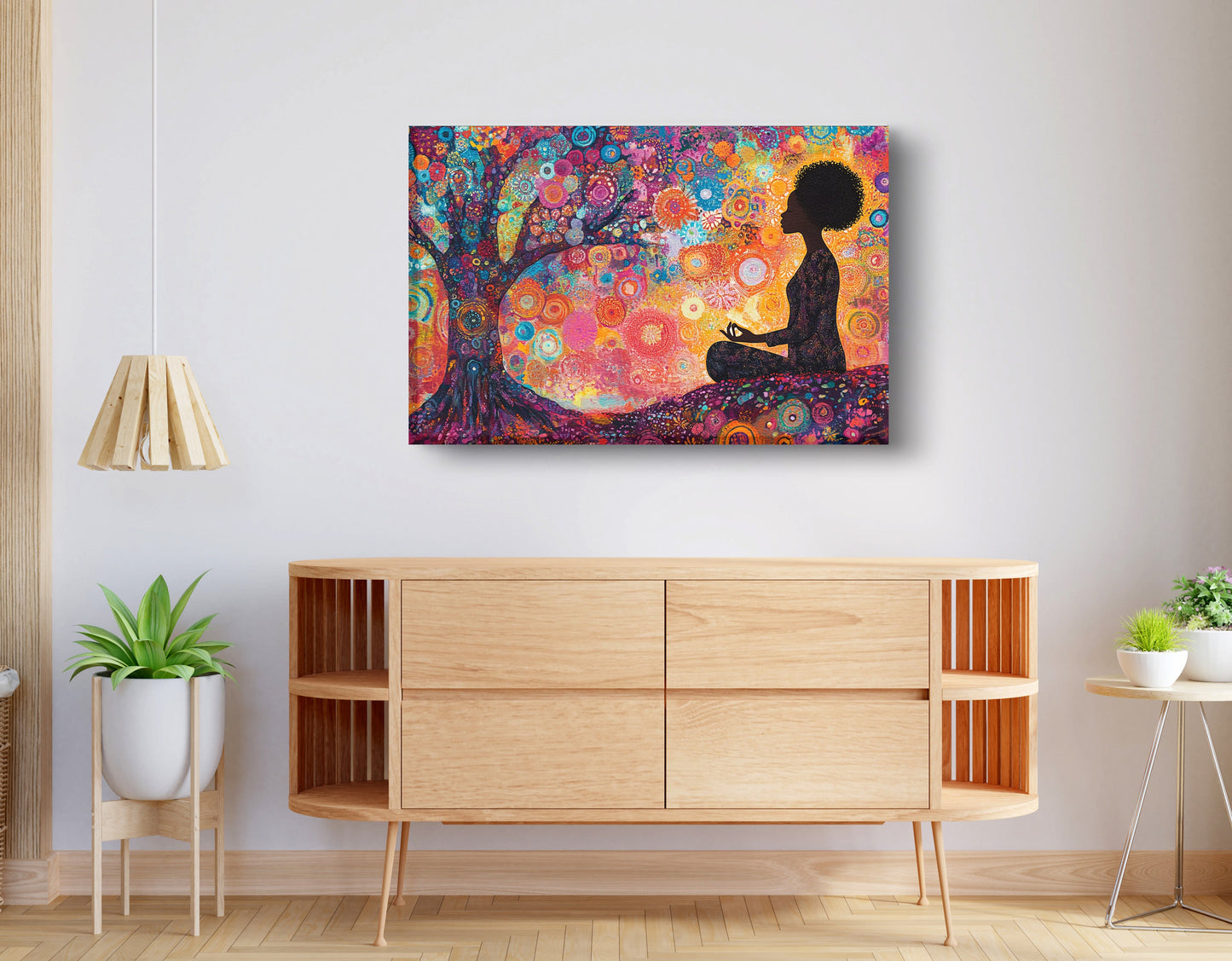Black Woman Tree Meditation African American wall art displayed as living room wall decor