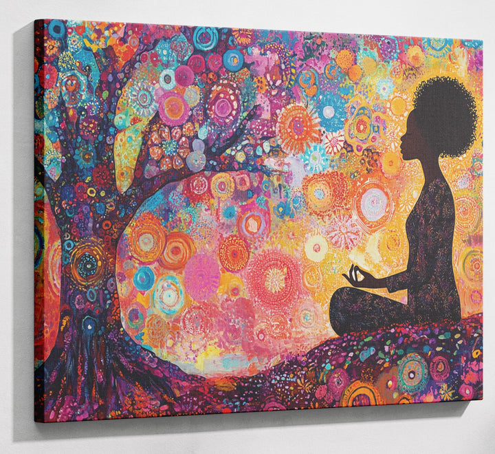 Black Woman Tree Meditation African American wall art canvas print with visible wall art format