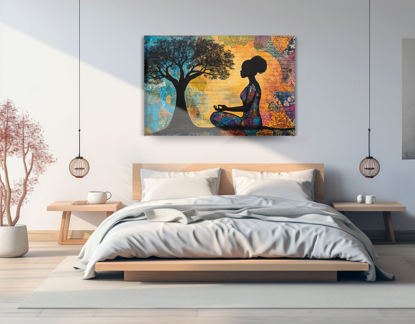 Black Woman Tree of Life African American wall art displayed as bedroom wall decor