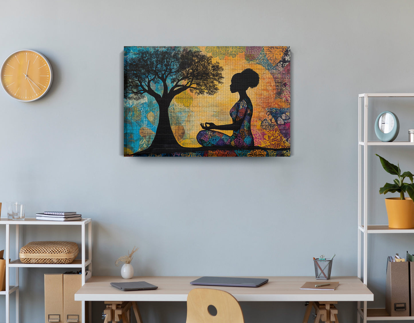 Black Woman Tree of Life African American wall art displayed as office wall decor