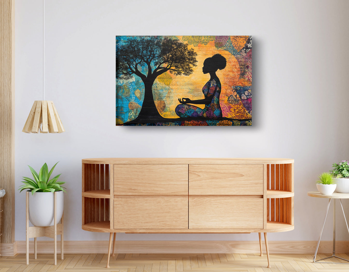 Black Woman Tree of Life African American wall art displayed as living room wall decor