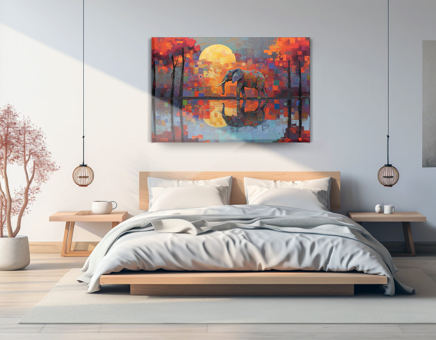 Elephant Moon Reflection African American canvas print displayed as bedroom wall decor