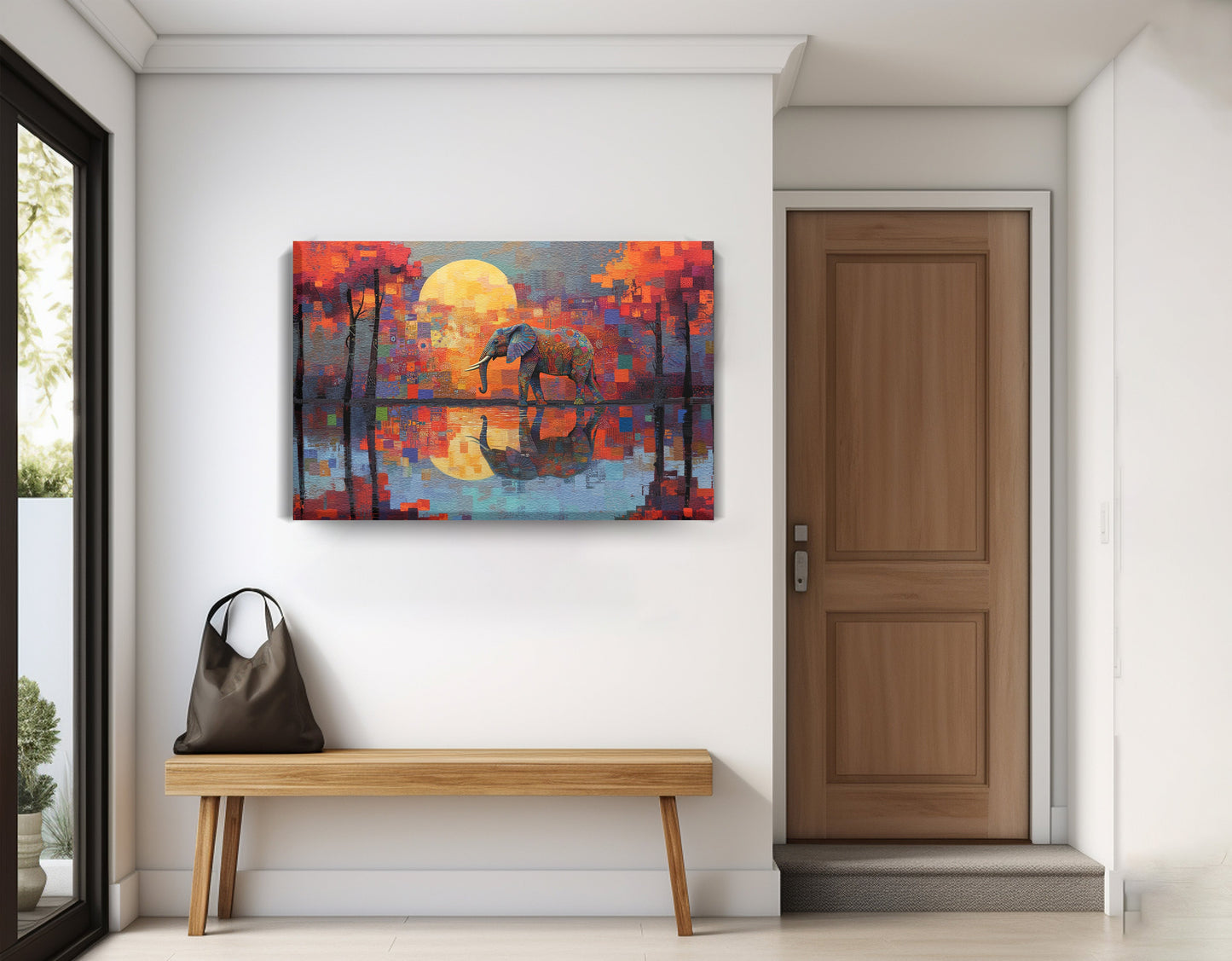 Elephant Moon Reflection African American canvas print displayed as entryway wall decor
