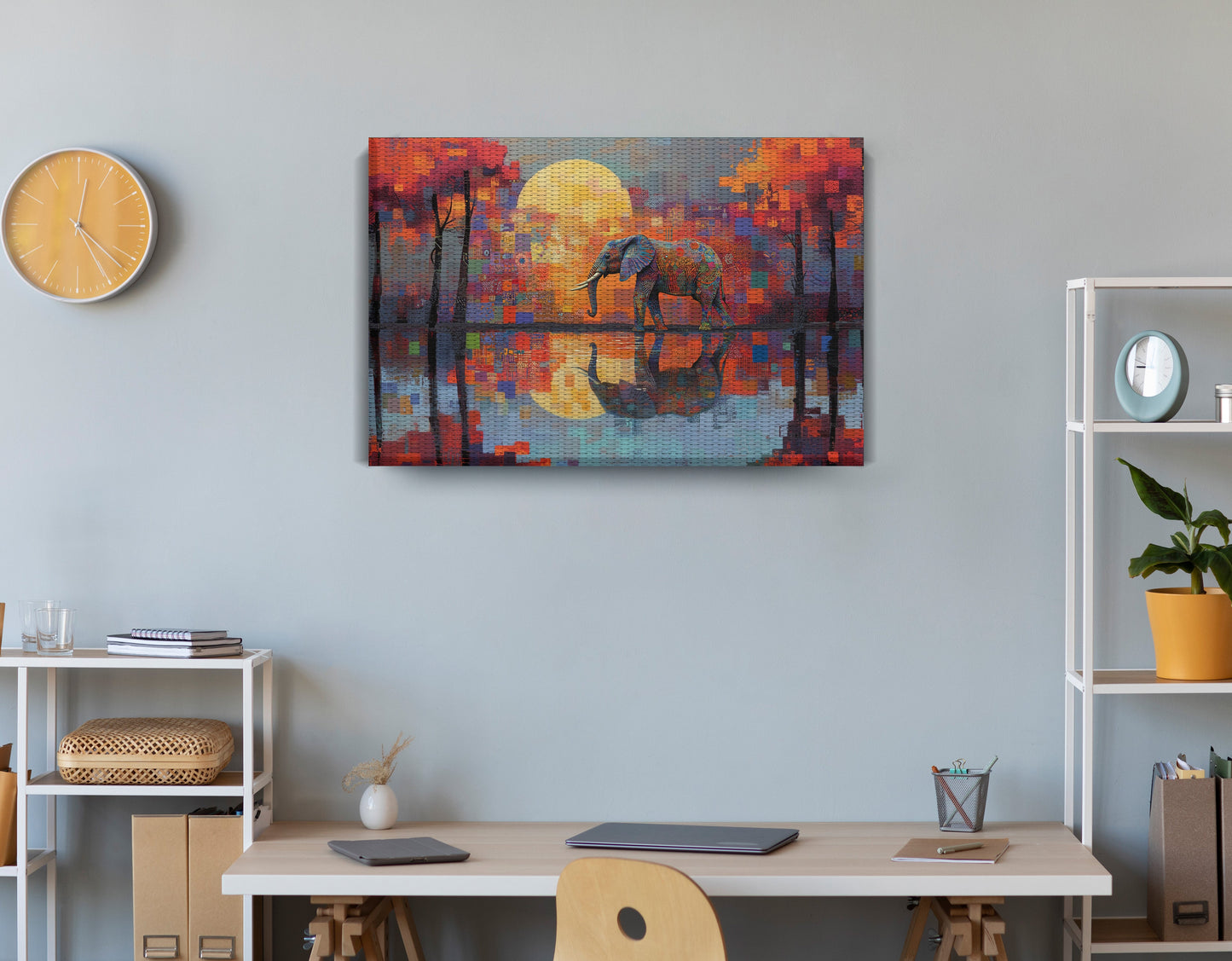 Elephant Moon Reflection African American canvas print displayed as office wall decor