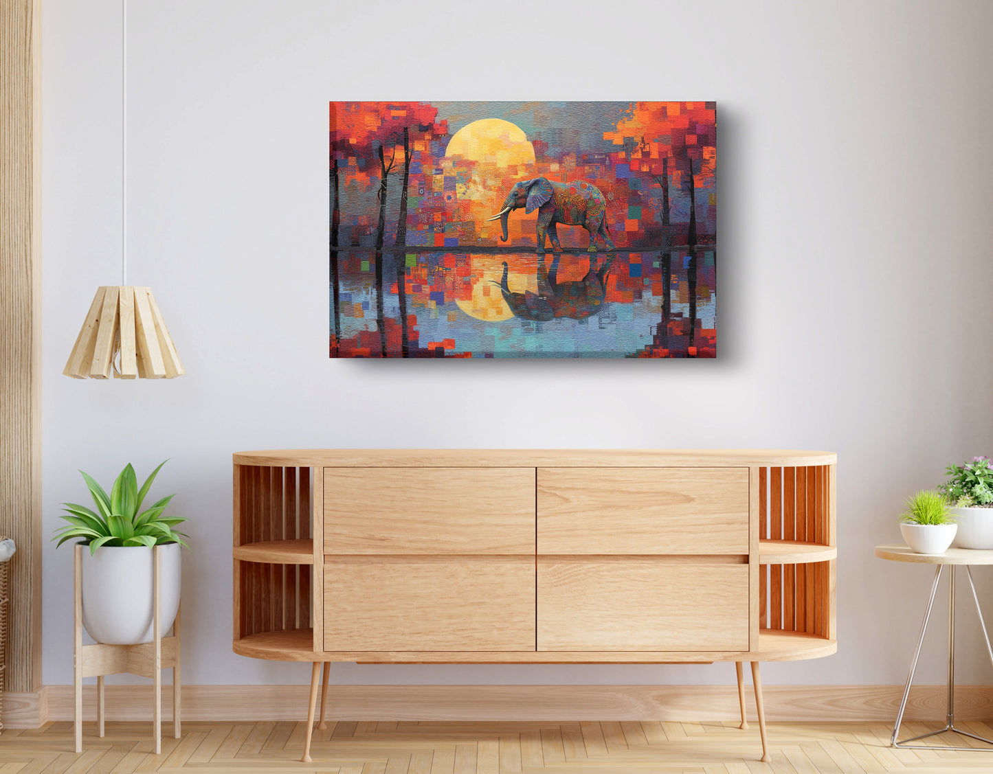 Elephant Moon Reflection African American canvas print displayed as living room wall decor