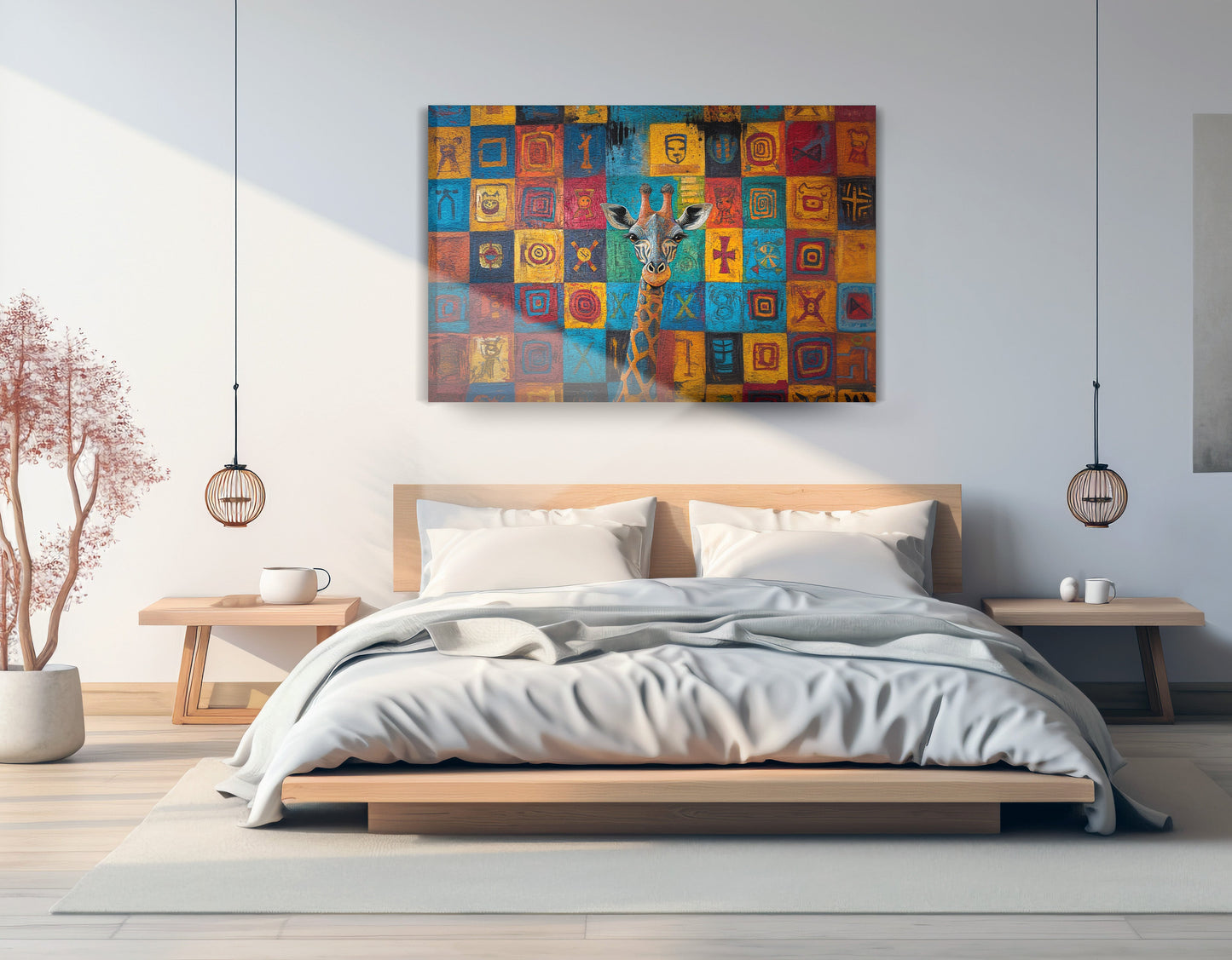 Blue Patchwork Giraffe Black African American canvas print displayed as bedroom wall decor