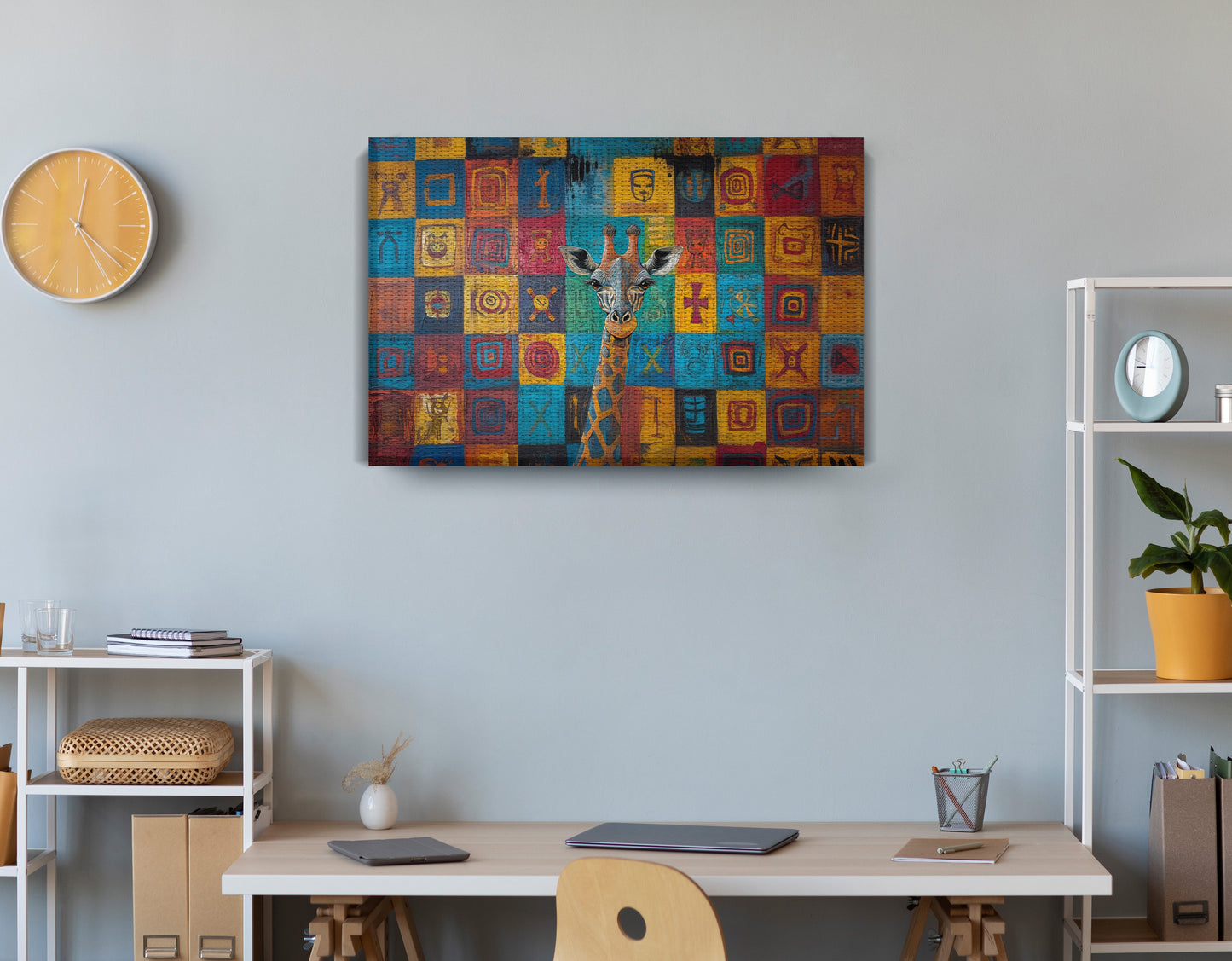 Blue Patchwork Giraffe Black African American canvas print displayed as office wall decor