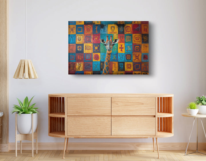 Blue Patchwork Giraffe Black Wall Art