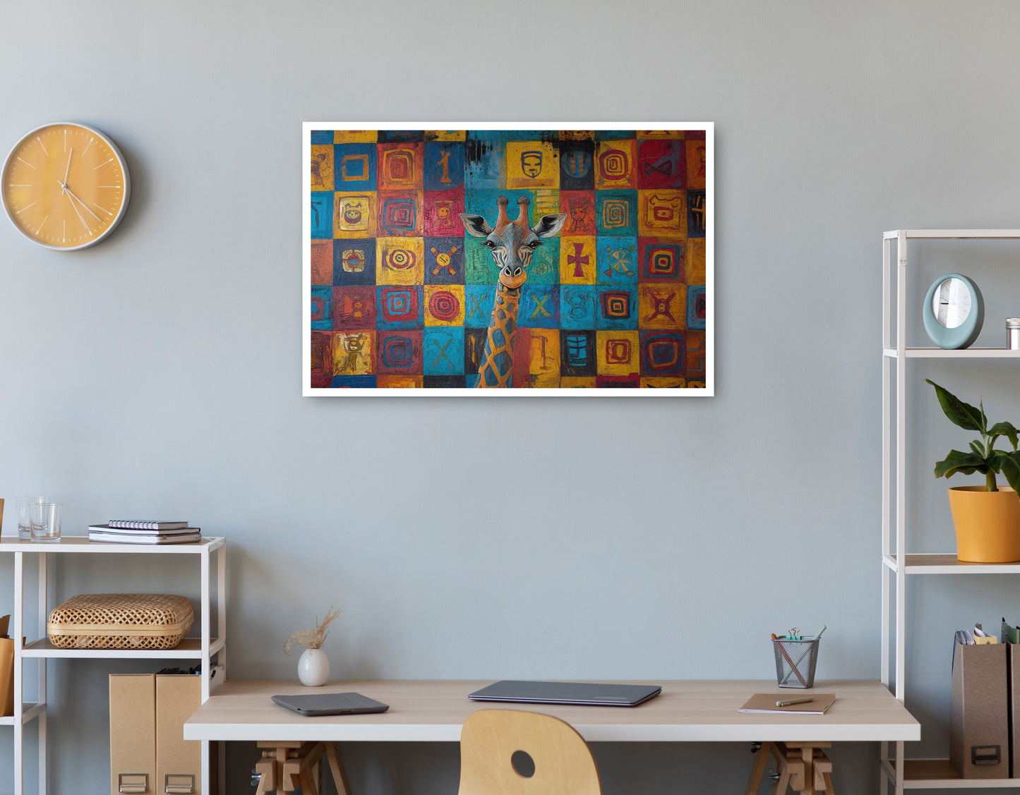 Blue Patchwork Giraffe Black African American canvas print print view