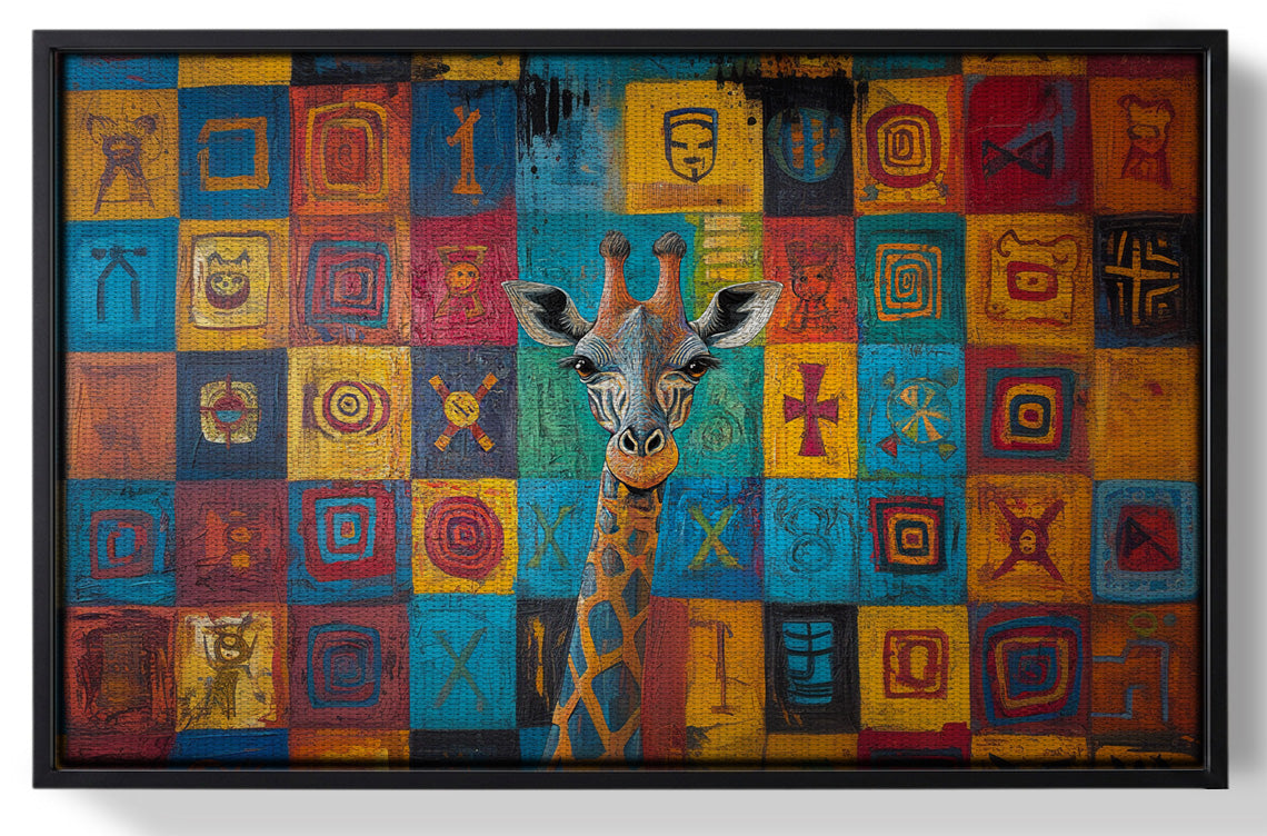 Framed Blue Patchwork Giraffe Black African American canvas print for home decor