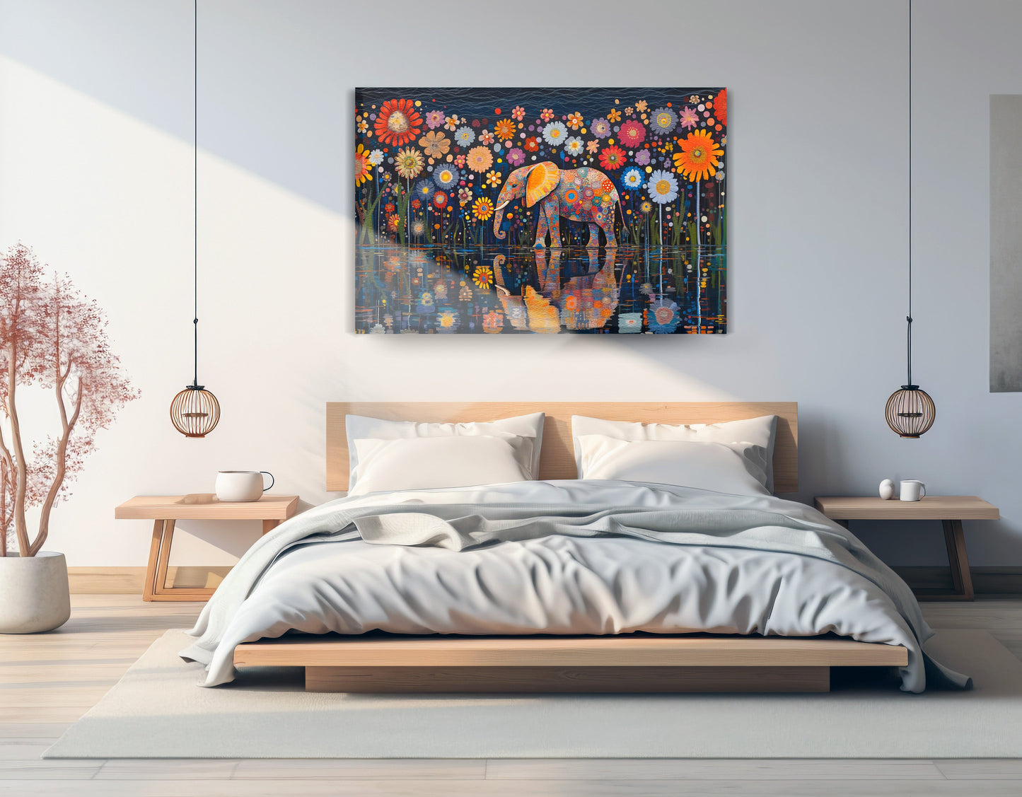 Elephant Floral Night African American canvas print displayed as bedroom wall decor