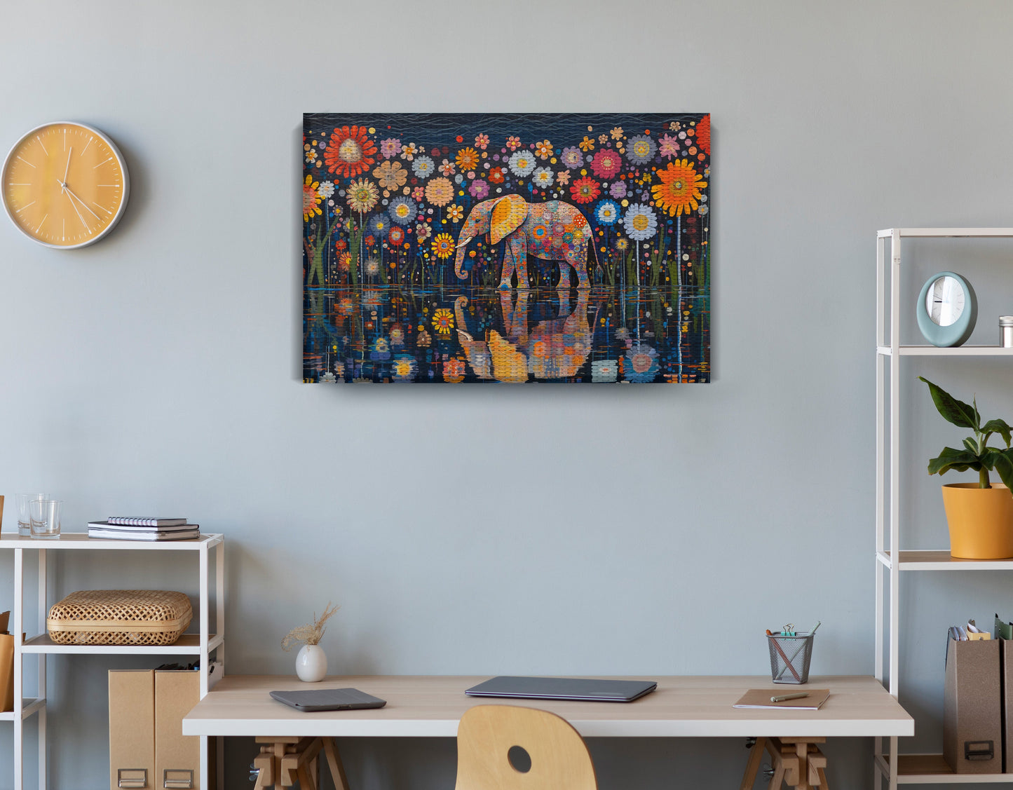 Elephant Floral Night African American canvas print displayed as office wall decor