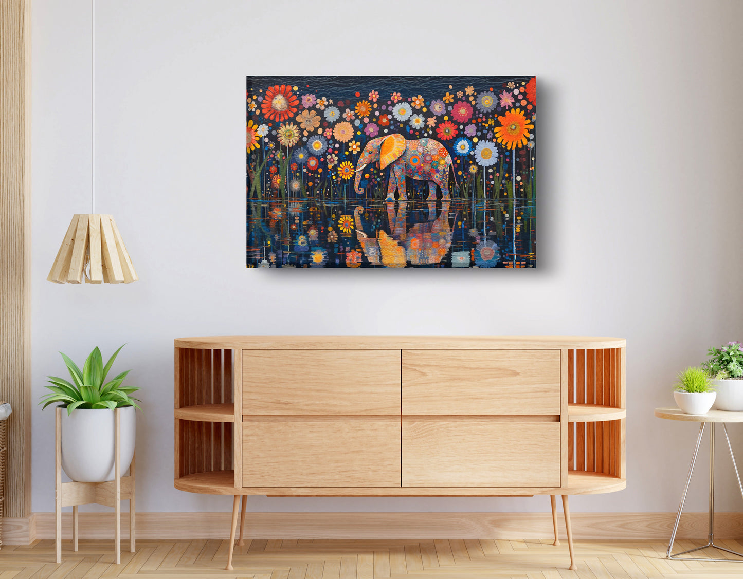 Elephant Floral Night African American canvas print displayed as living room wall decor