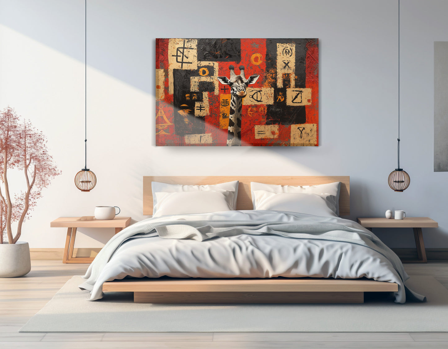 Red Tribal Giraffe African American canvas print displayed as bedroom wall decor