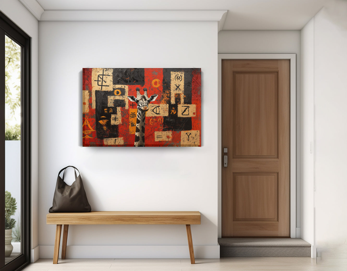 Red Tribal Giraffe African American canvas print displayed as entryway wall decor