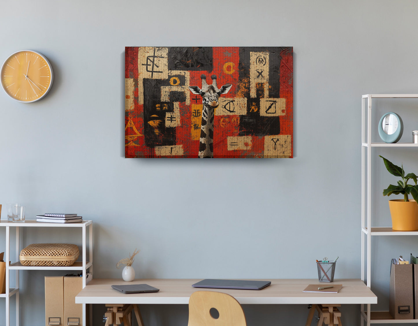 Red Tribal Giraffe African American canvas print displayed as office wall decor