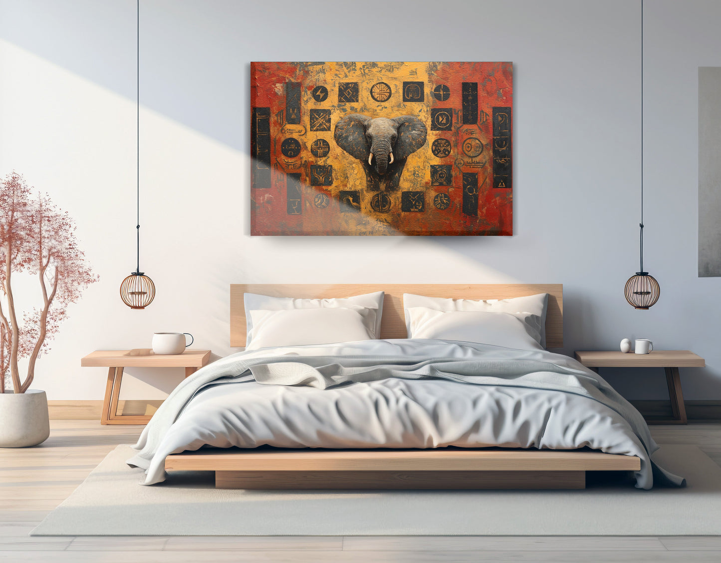 Elephant Tribal Gold Black African American canvas print displayed as bedroom wall decor