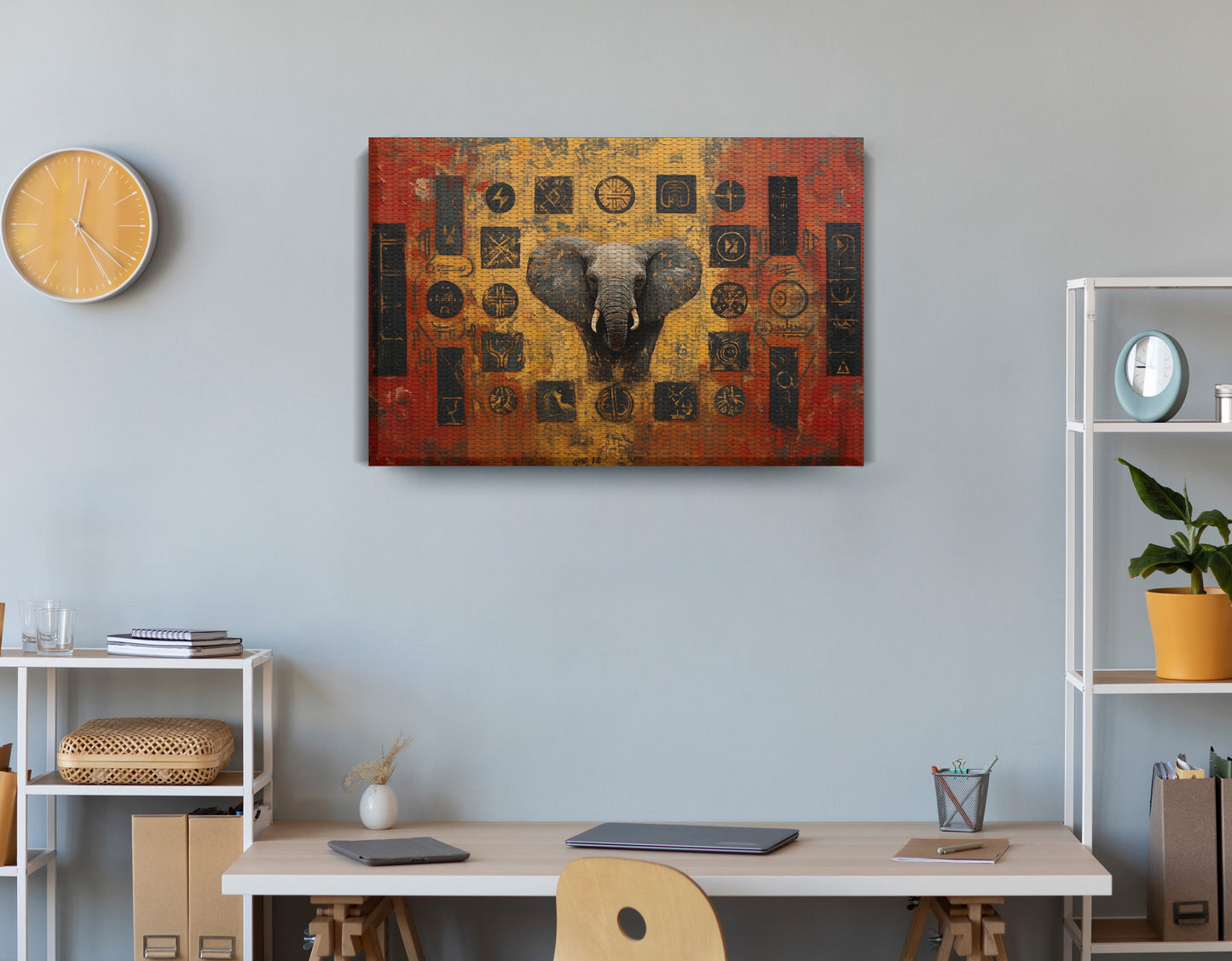 Elephant Tribal Gold Black African American canvas print displayed as office wall decor