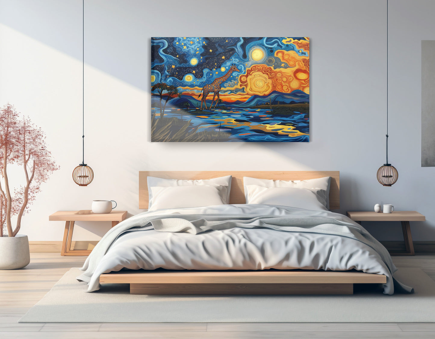 Blue Safari Sunset African American canvas print displayed as bedroom wall decor